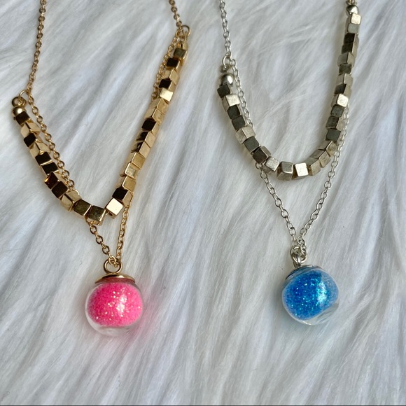Silver & Gold Cube Bead Glitter Pendant Necklace Set of Two - Picture 2 of 2